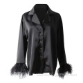 Black Button Up Long Feather Sleeve Women Blouse